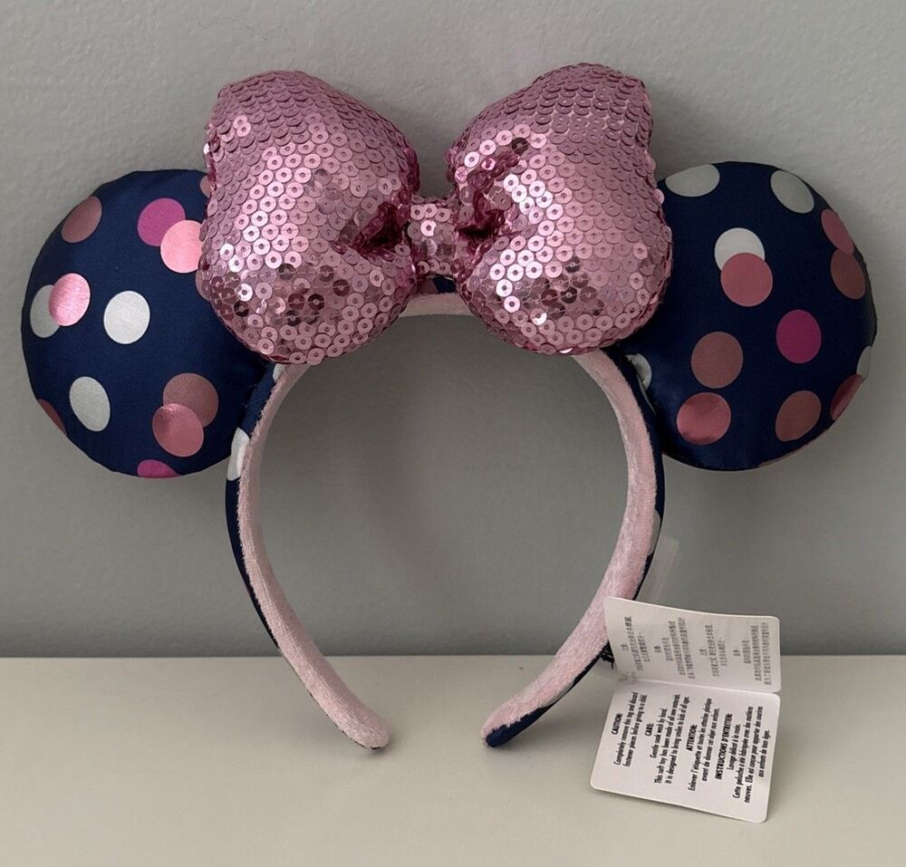 Disney Parks Dark Blue Pink Polka Dot Minnie Ears Headband Pink Sequin Bow New!